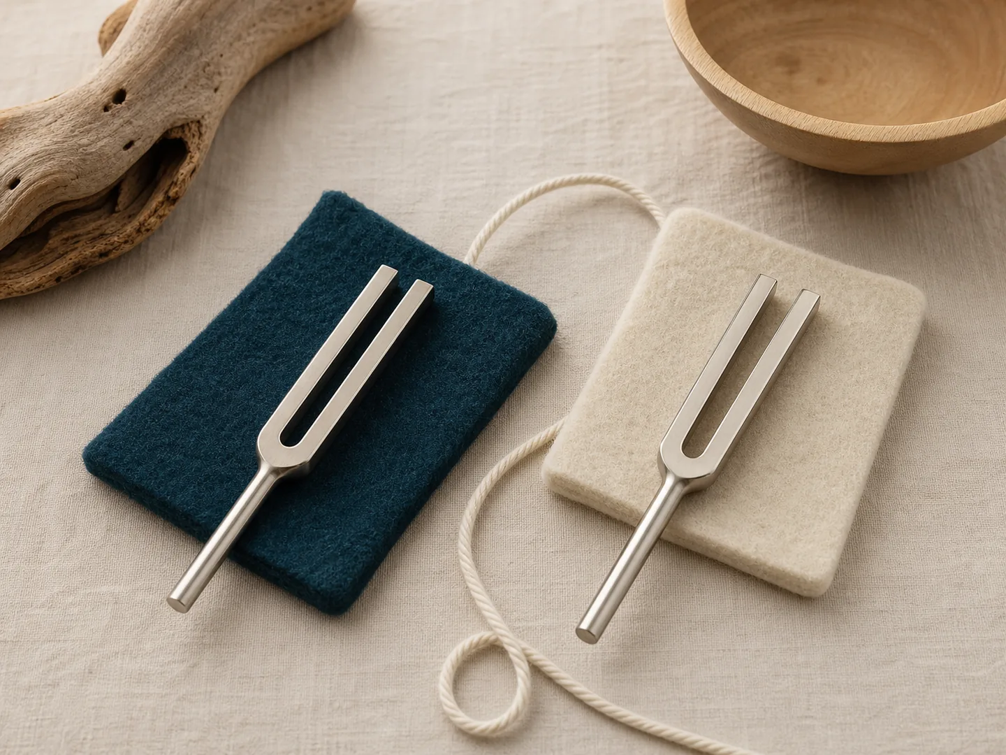 Two tuning forks and a connecting cord symbolize attentive alignment and mutual understanding