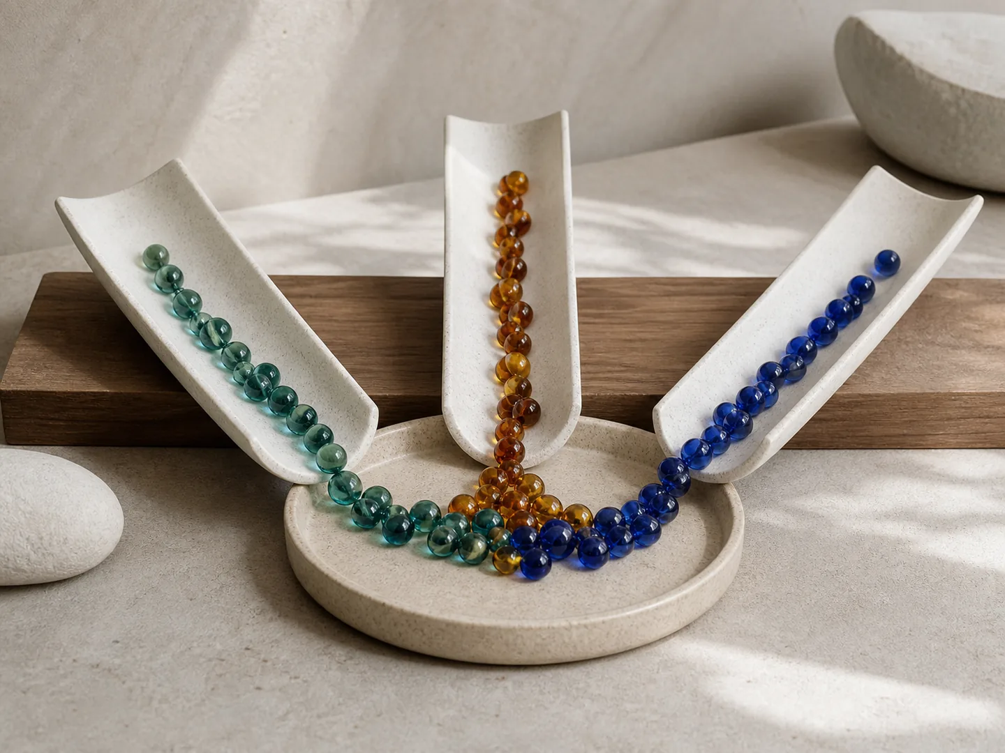 Ceramic channels guide glass beads, showing a clear path for family messages