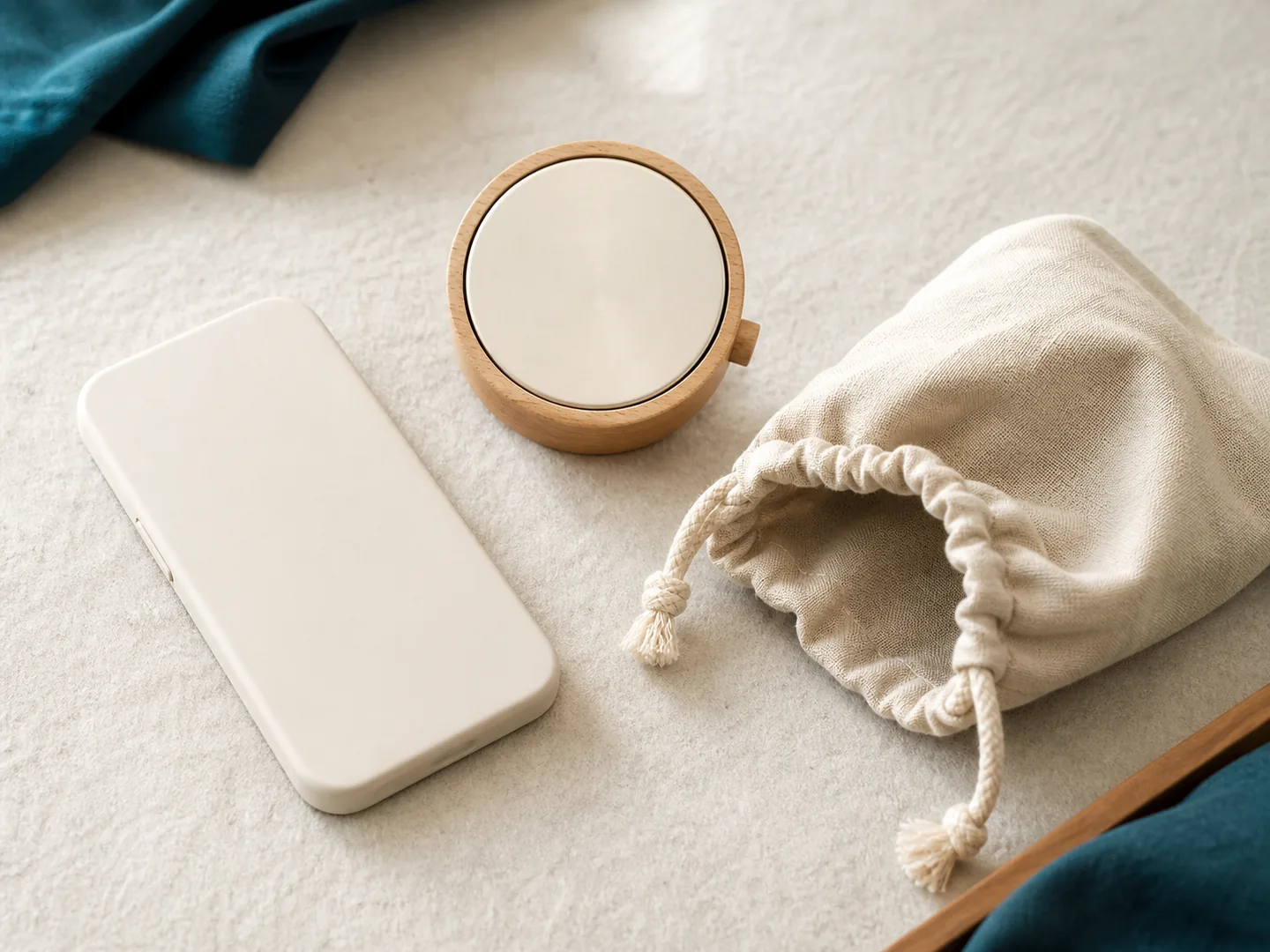 A face-down phone, timer, and pouch symbolize intentional beginnings and endings