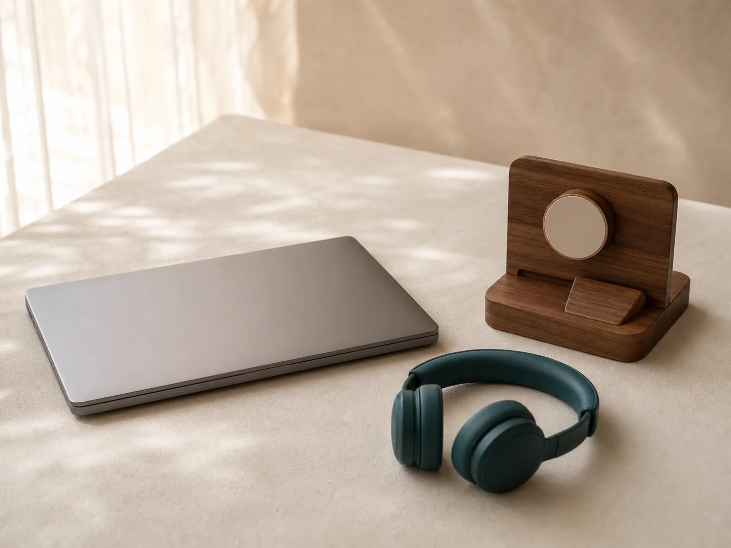 A closed laptop, headphones, and stand show the boundary between connection and pause