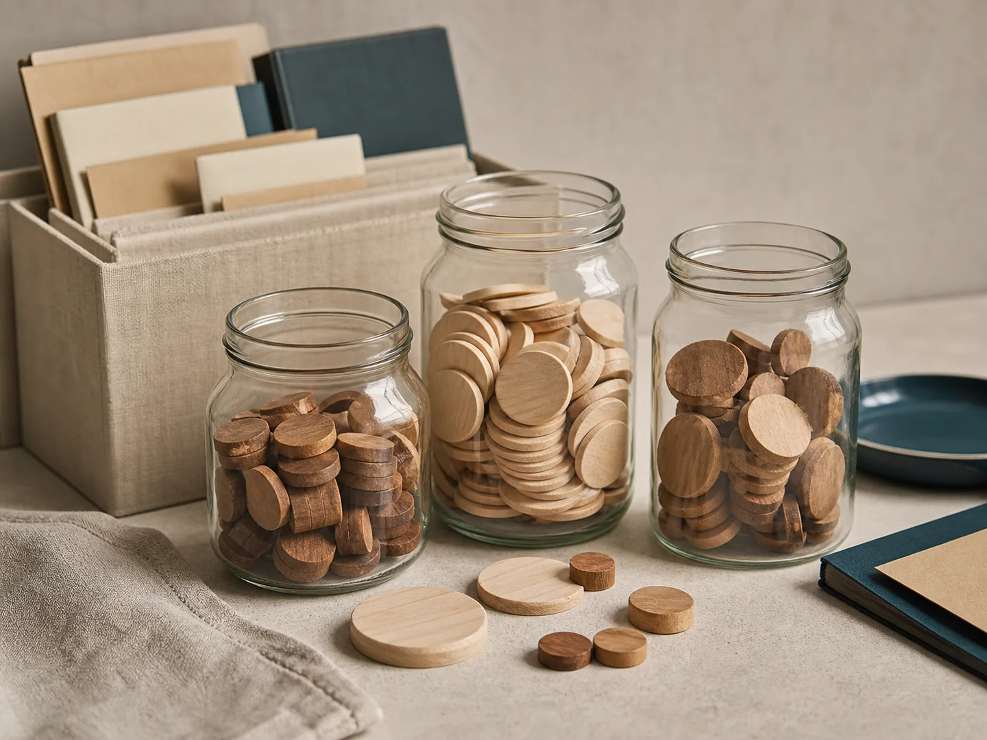 Clear jars and wooden tokens represent transparent allocation of shared family resources
