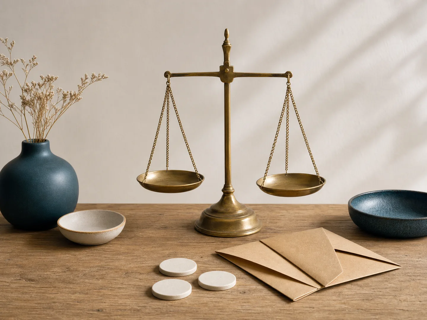 A balance, disks, and empty envelopes symbolize thoughtful choices among priorities