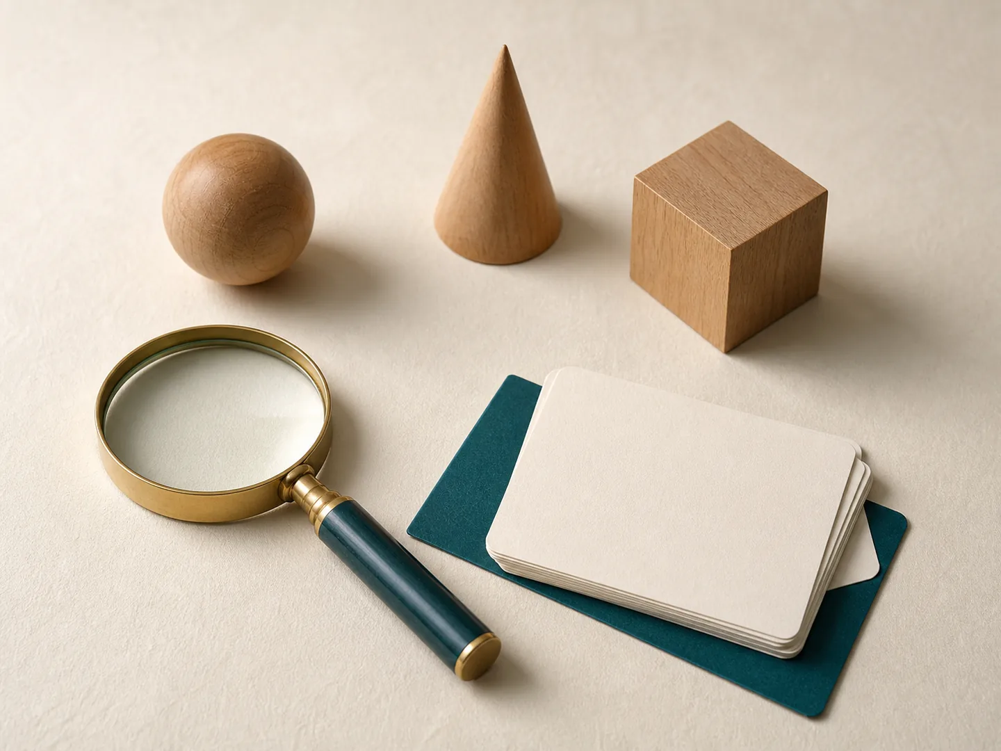 A magnifier, blank cards, and models show a path from question to inquiry