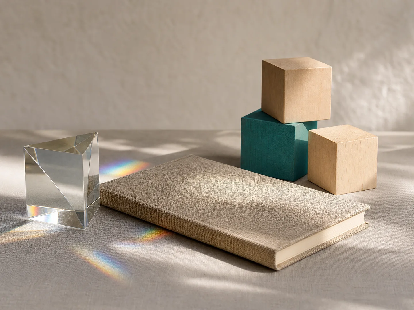 A prism, notebook, and measuring cubes symbolize observation, recording, and testing ideas