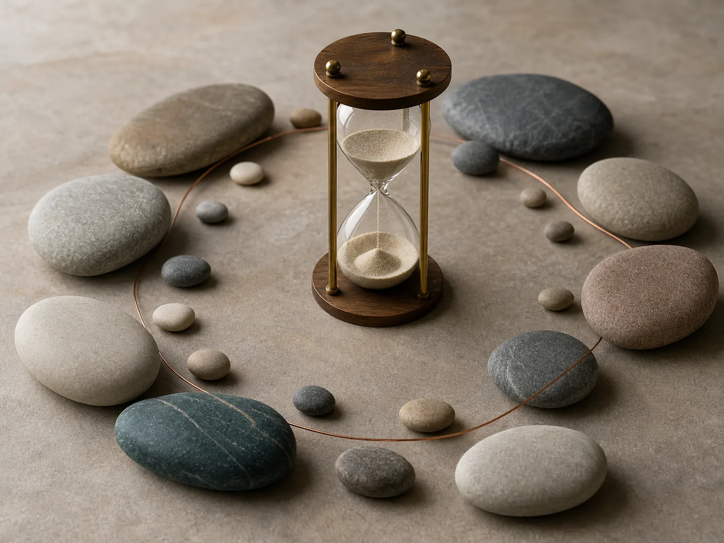 Different stones around an hourglass show knowledge exchange across time without hierarchy