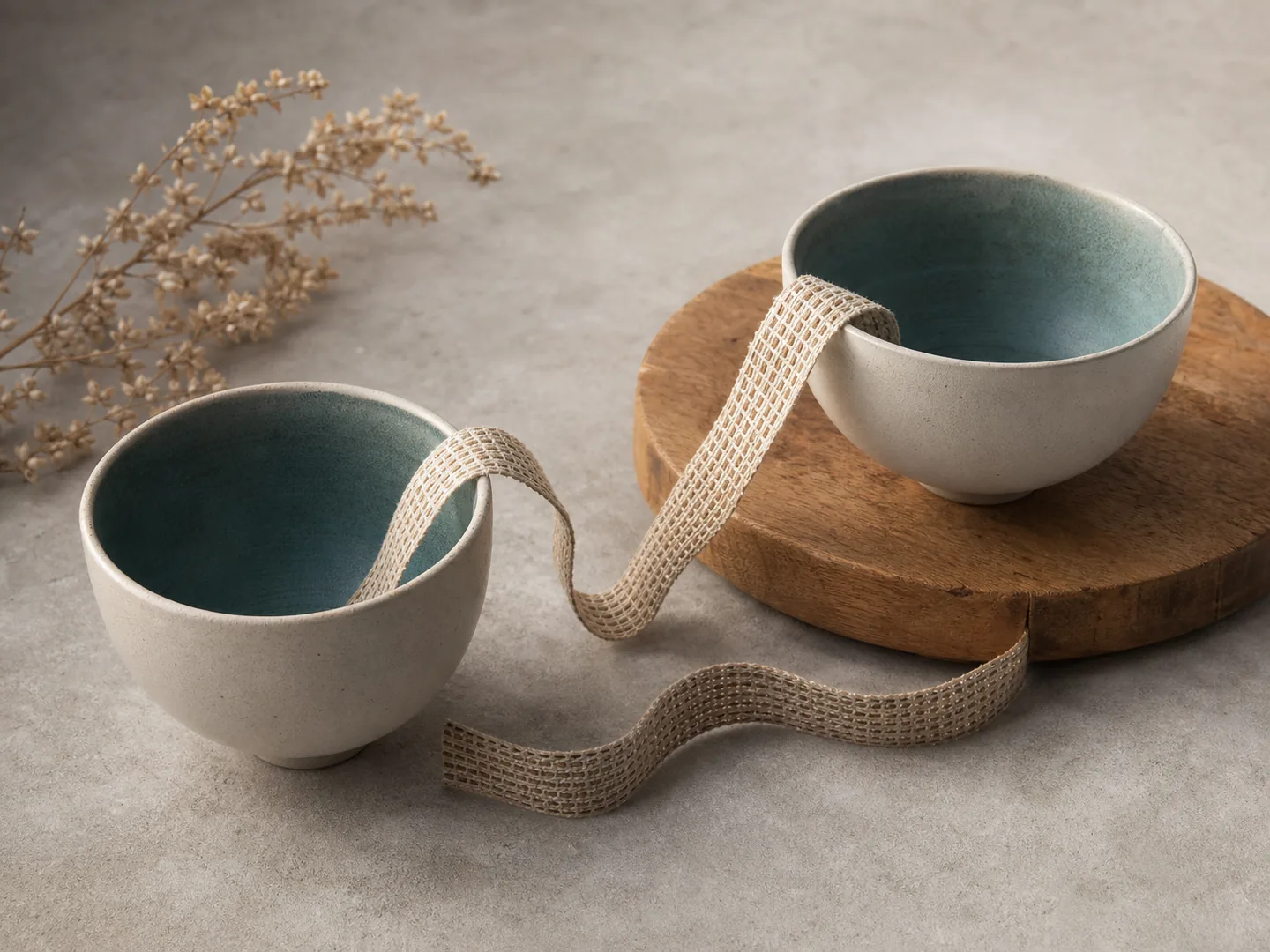 Two ceramic bowls and a ribbon symbolize attention, connection, and thoughtful partnership