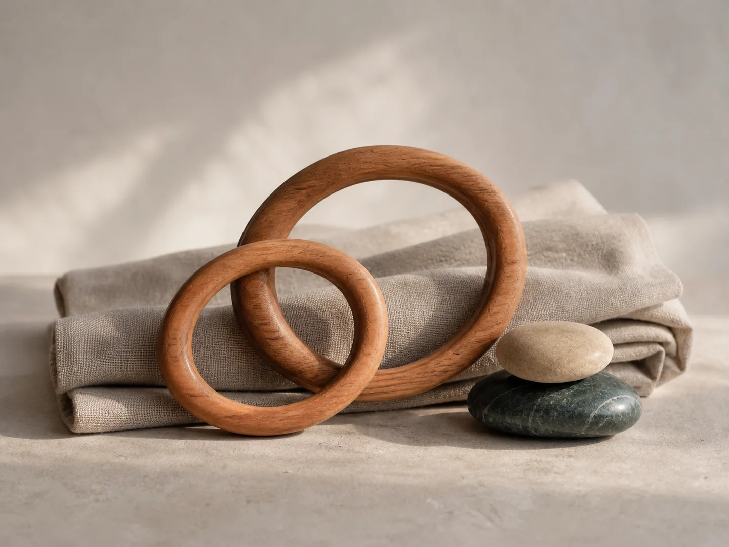 Interlocking wooden frames and paired stones express closeness while preserving individual differences
