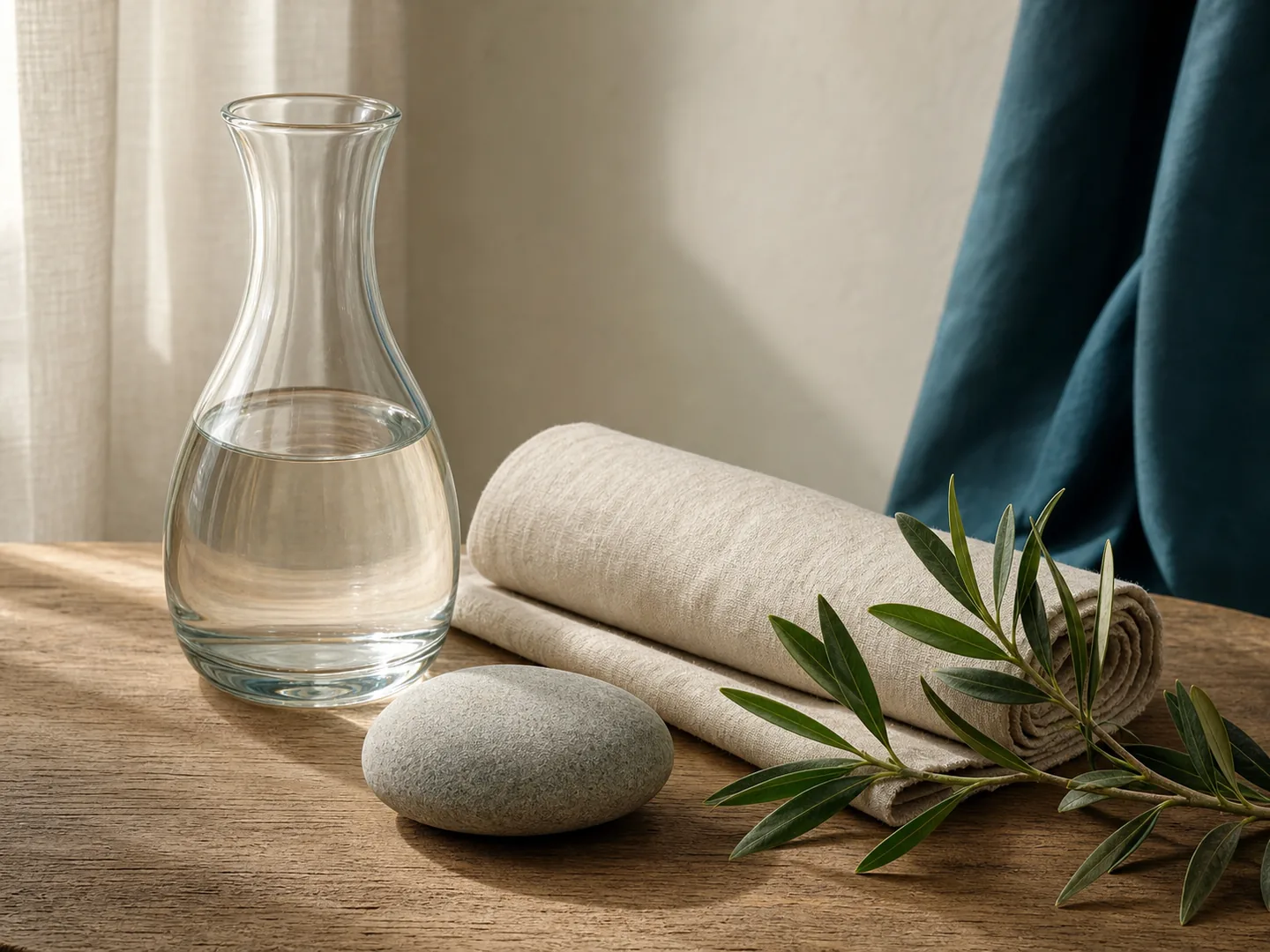 A carafe, linen, stone, and green branch convey simplicity and quiet renewal