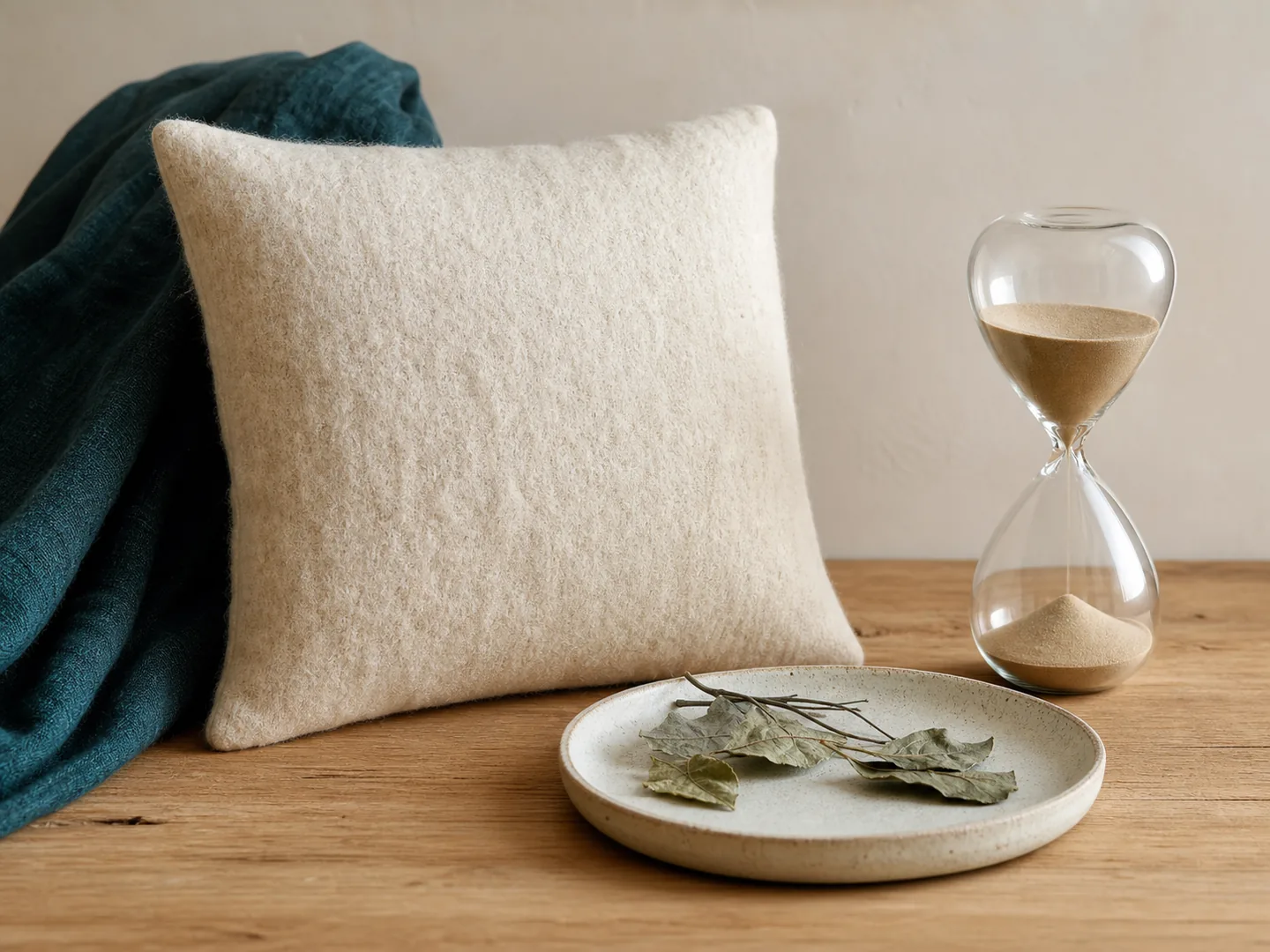 A soft cushion and hourglass symbolize space for pausing and renewal