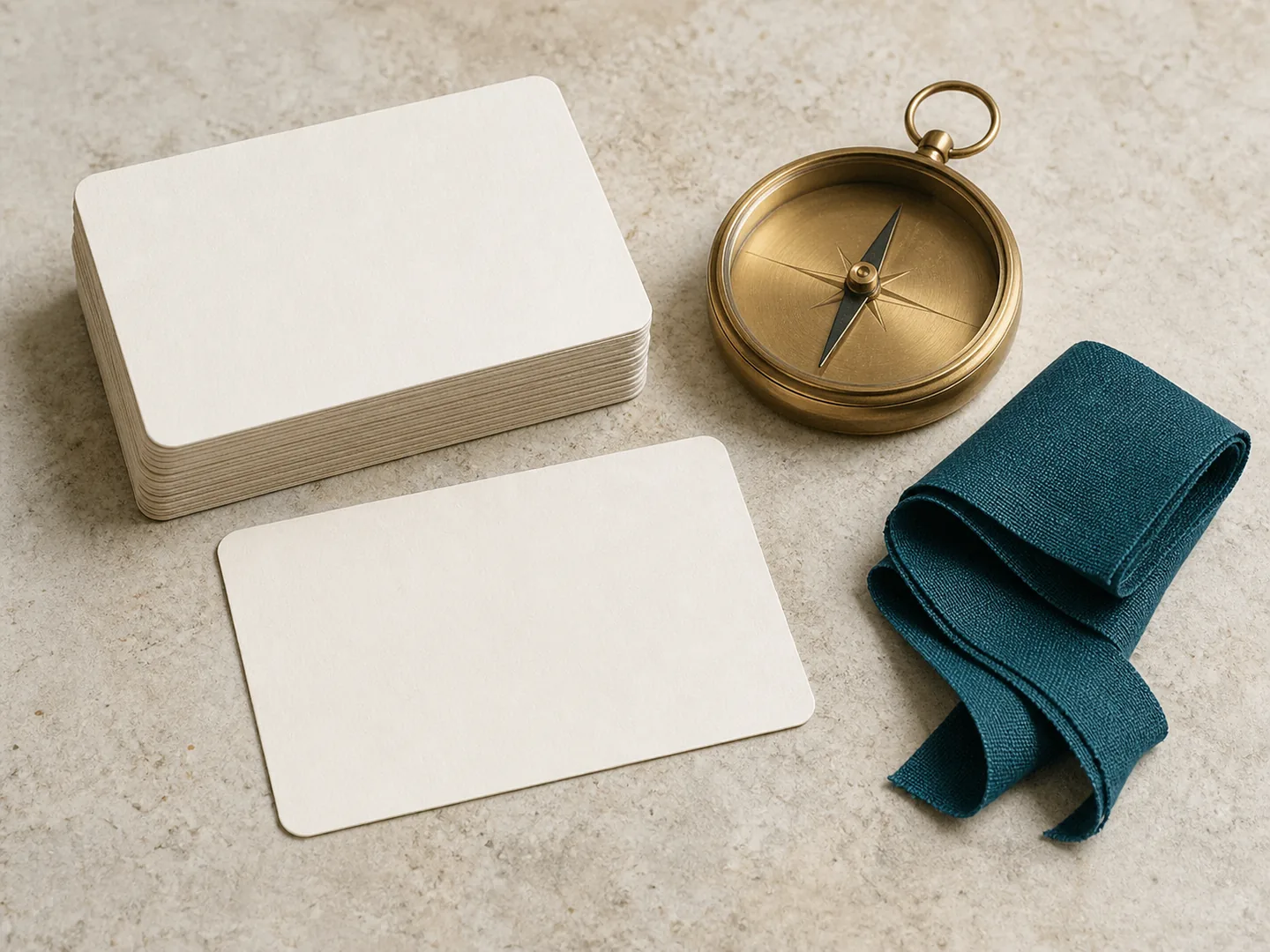 Modular cards, a compass, and textile ribbon suggest choosing a learning direction