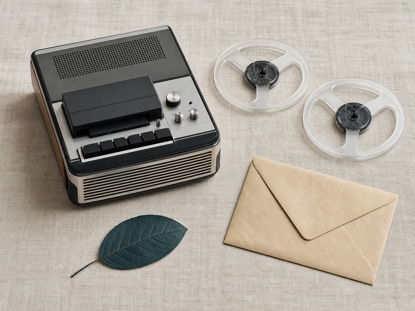 Recorder, empty reels, envelope, and leaf symbolize careful preservation of memory