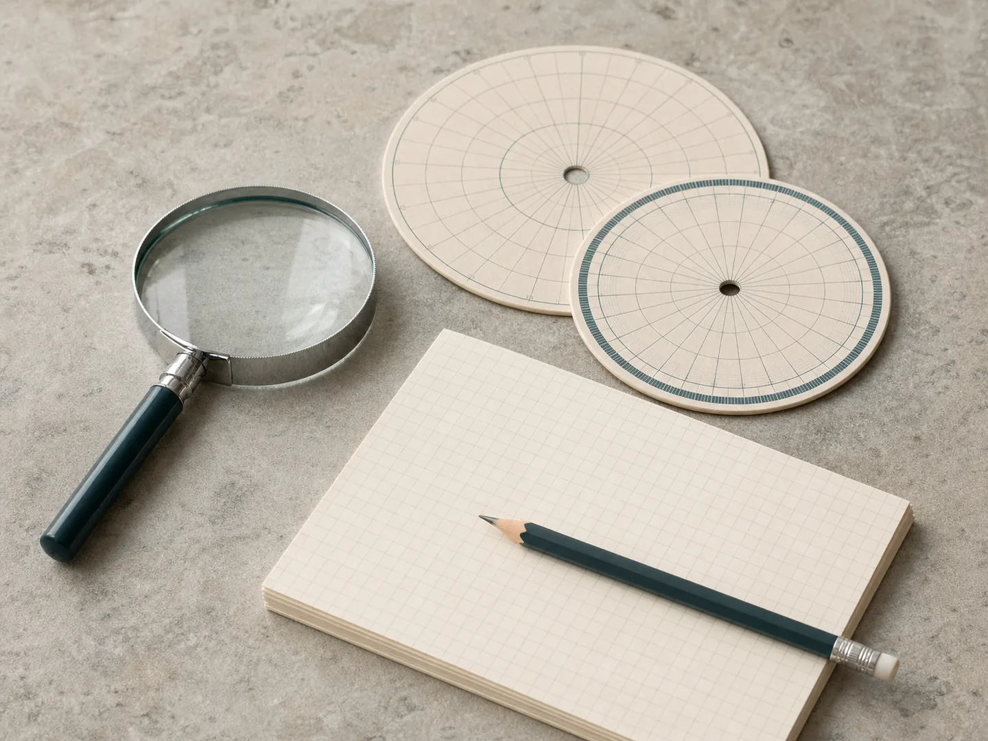 Magnifier, abstract charts, and pencil represent careful examination of research findings