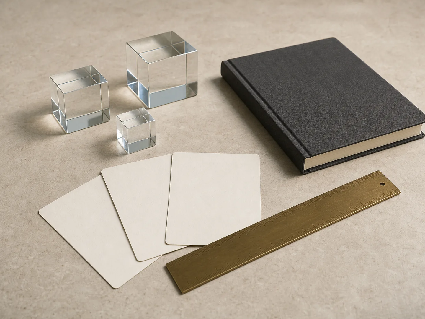 Glass cubes, cards, and ruler symbolize transparent data and clear methodology