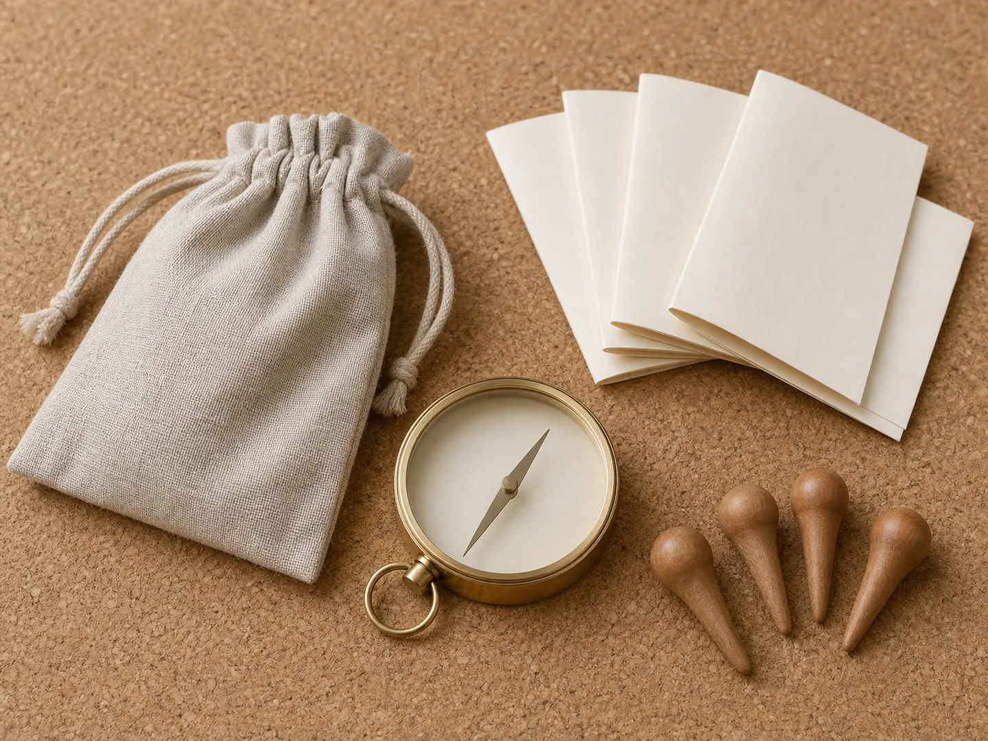 Compass, route cards, and wooden waypoints represent a thoughtfully prepared cultural journey