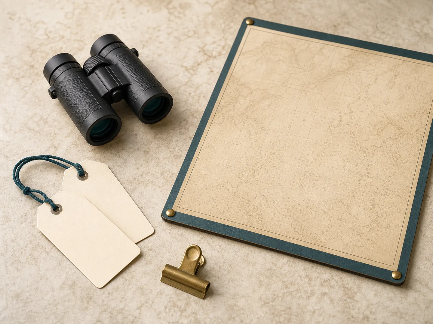 Tags, binoculars, and a blank map symbolize attentive preparation for family travel