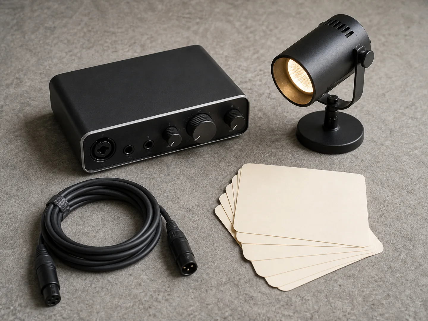 Audio interface, cable, cards, and light suggest preparation of structured media