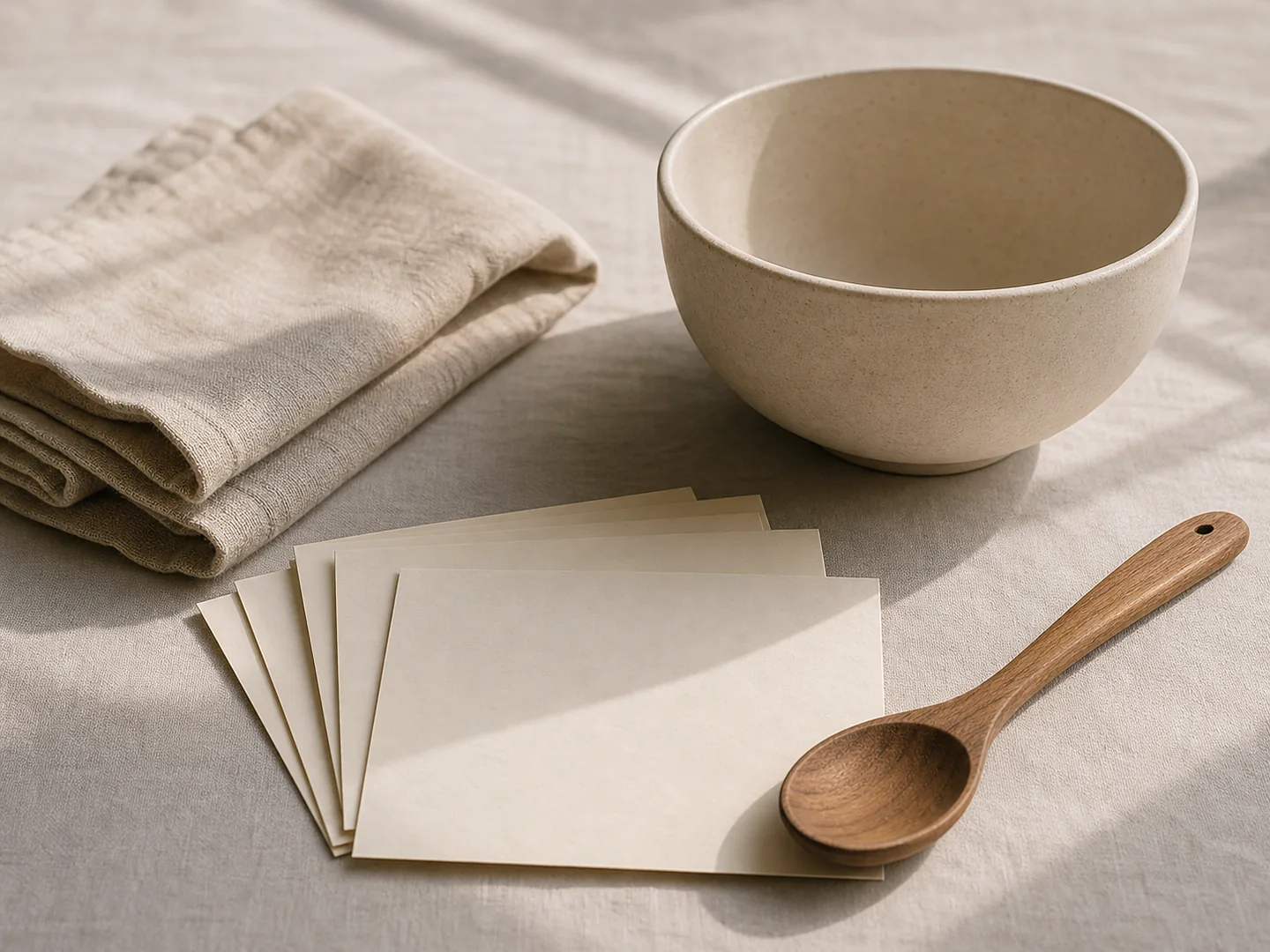 Blank recipe cards accompany a wooden spoon, ceramic bowl and folded linen.