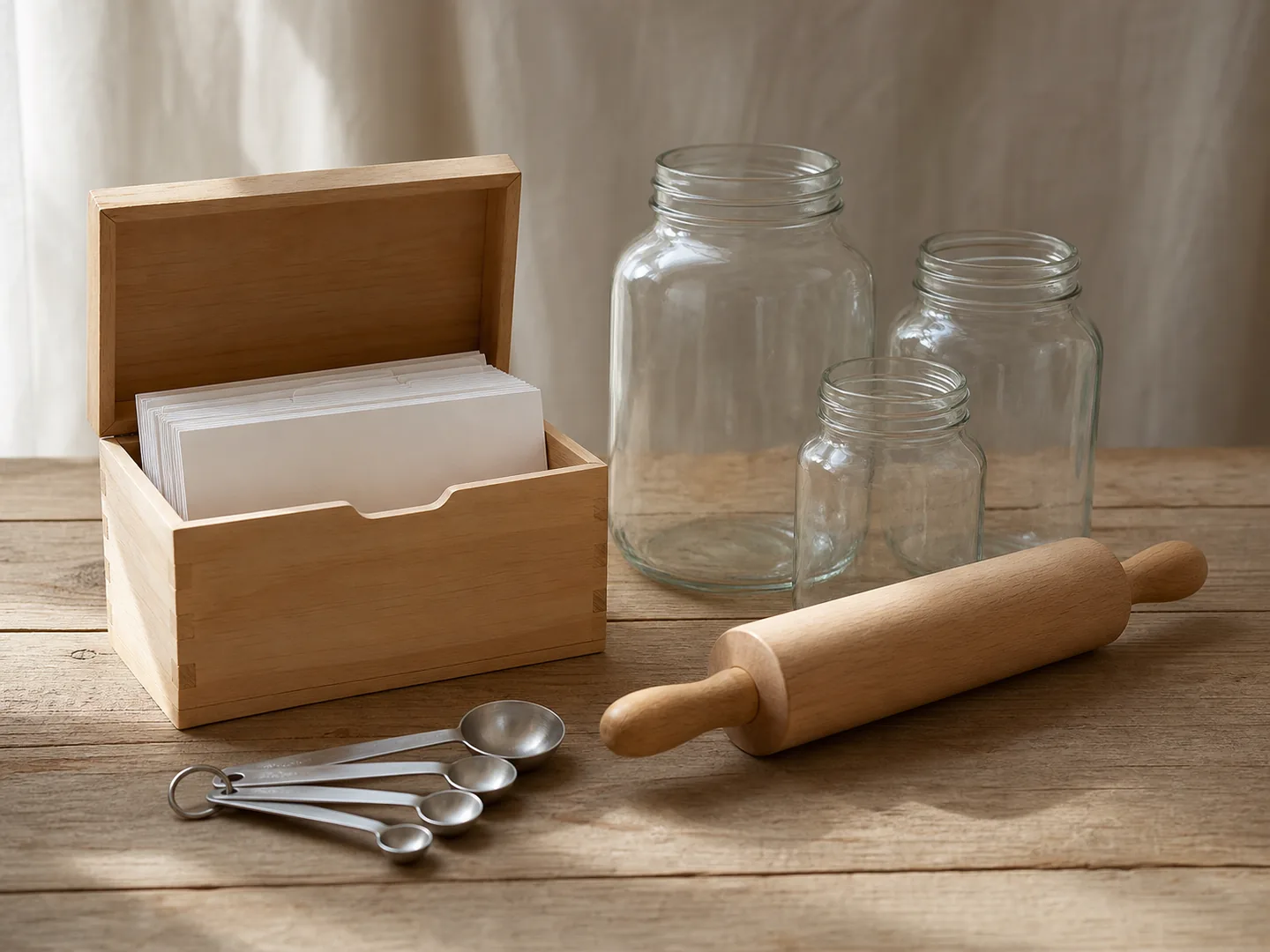 Unmarked recipe box stands with measuring spoons, rolling pin and empty jars.