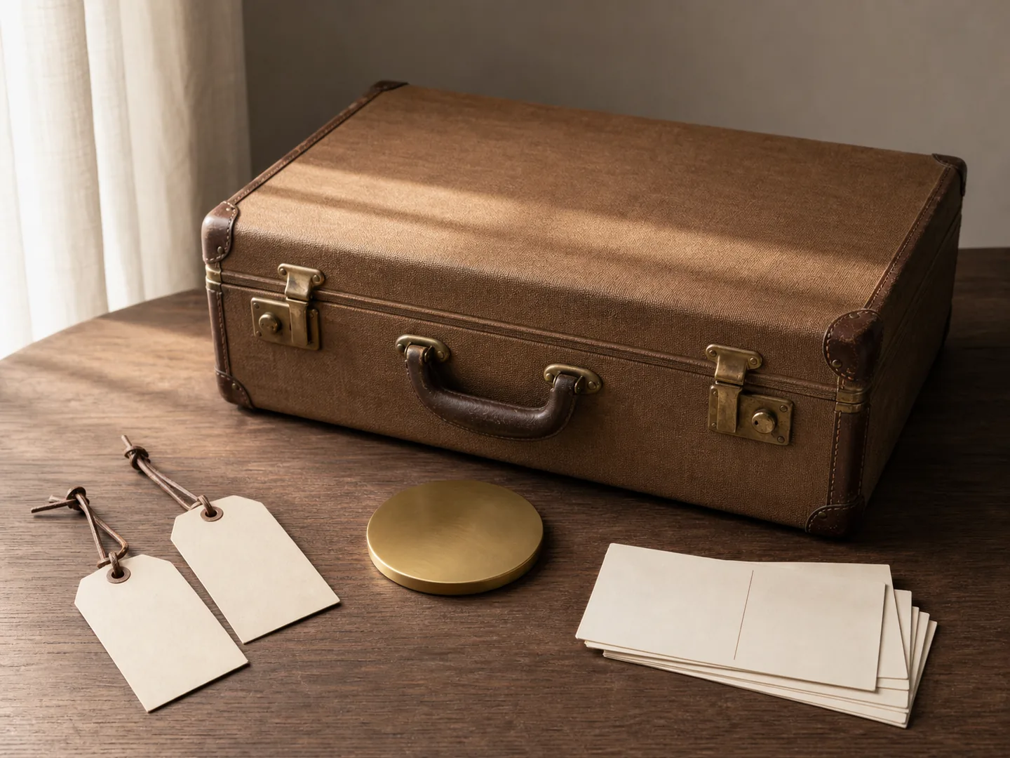 Closed unmarked suitcase rests with blank tags, letterless compass and empty postcards.