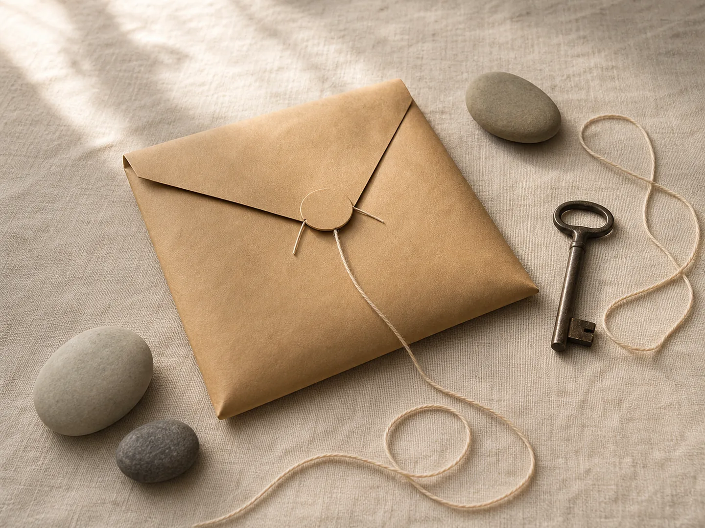 Sealed archive envelope, plain key and stones follow a winding linen thread.