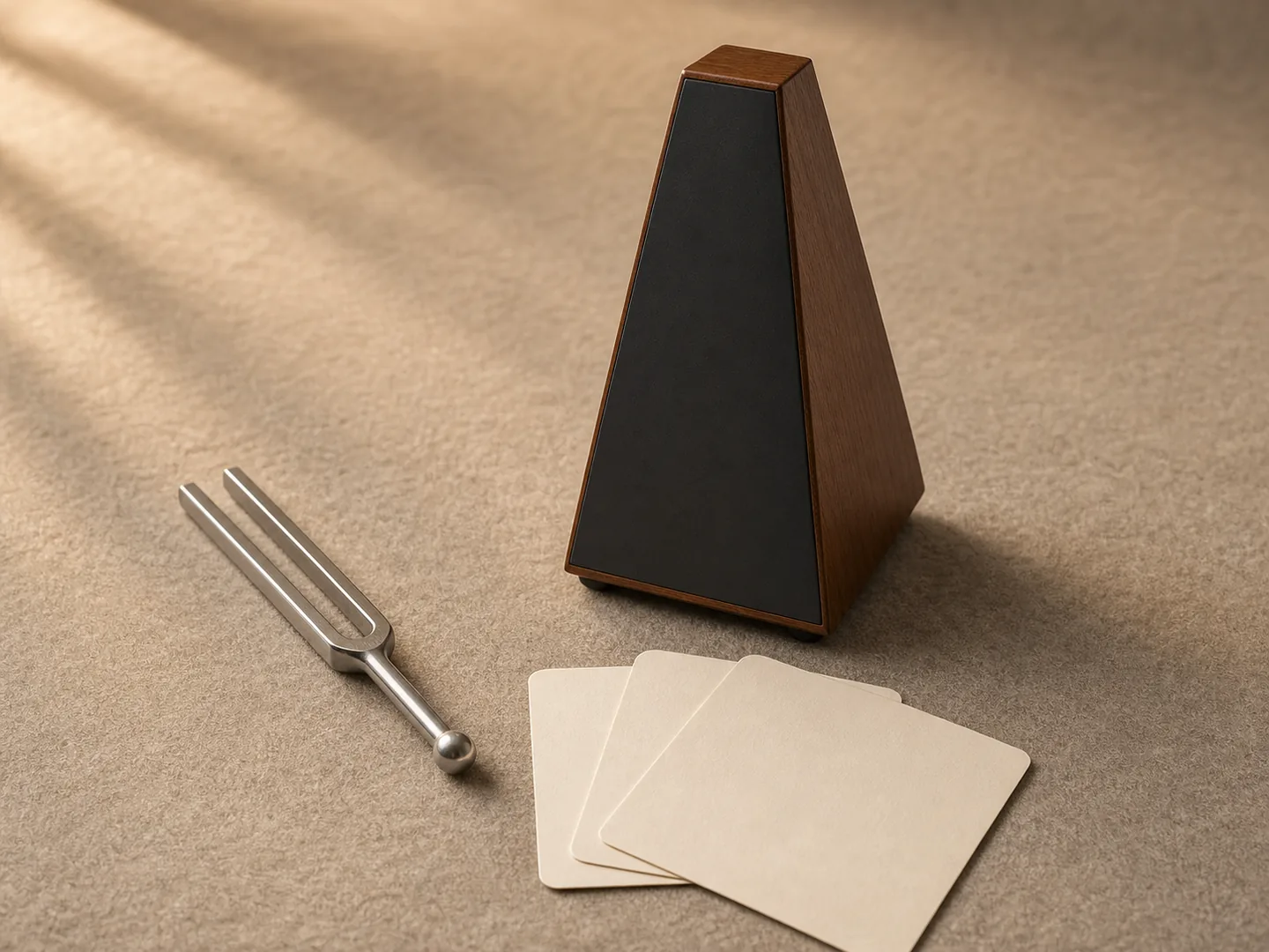 Tuning fork and numberless metronome stand beside blank acoustic cards on felt.