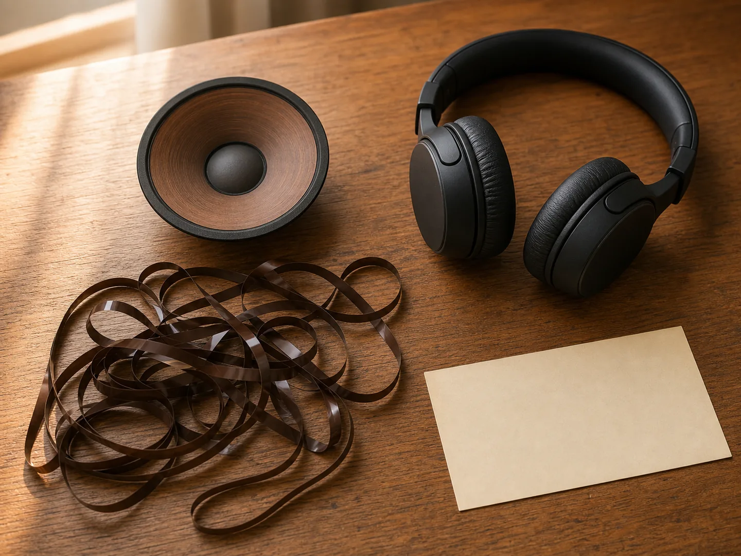 Coiled magnetic tape rests with headphones, wooden speaker cone and empty label.