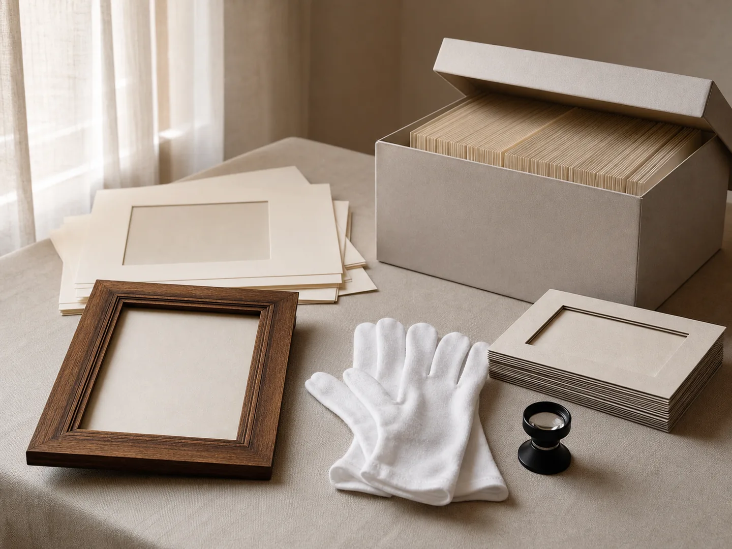 Blank photo mounts rest with conservation gloves, loupe and acid-free archive box.