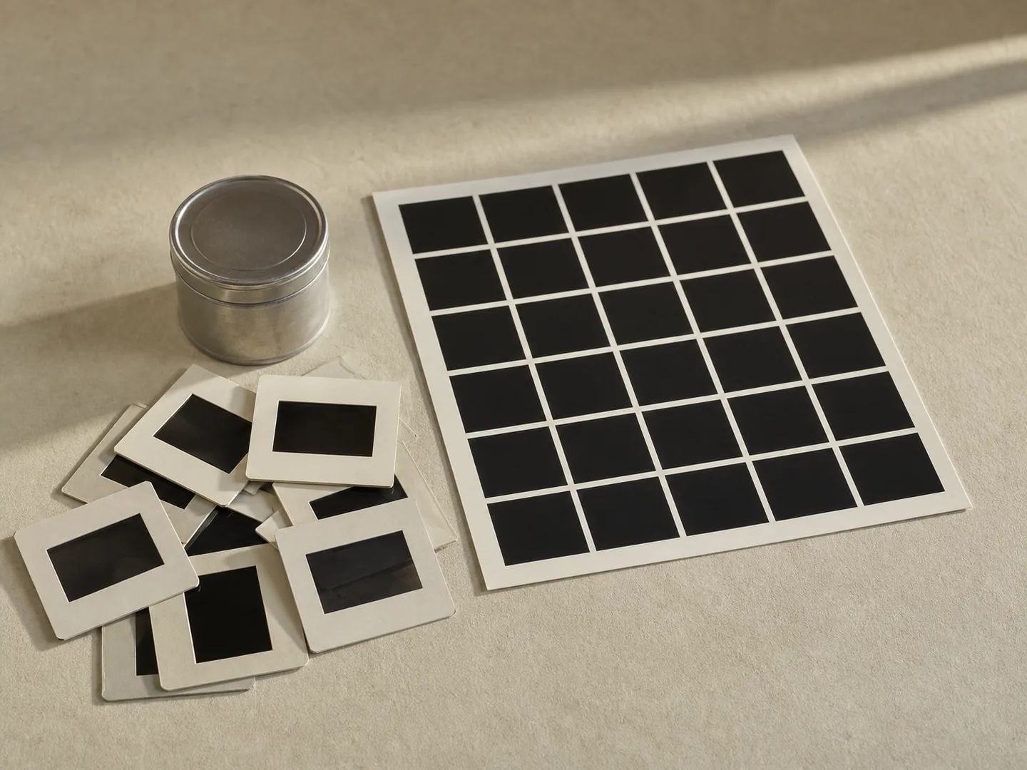 Empty slide frames accompany an unlabeled film canister and blank contact grid.
