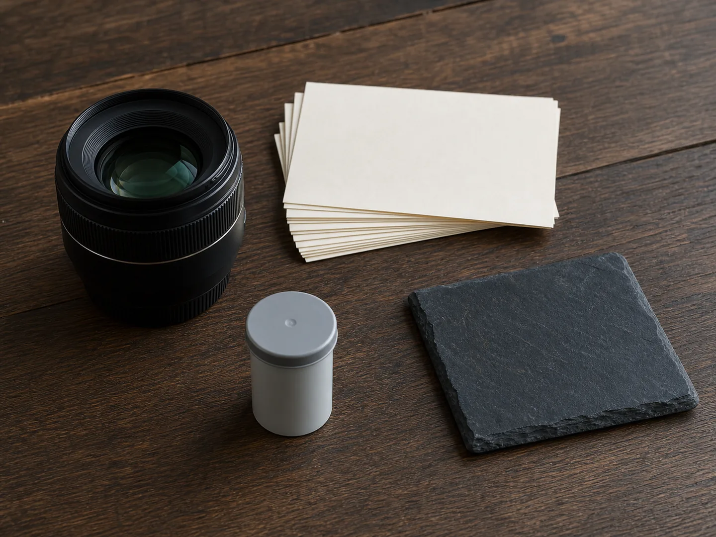 Cinema lens, cards, and sealed reel symbolize responsible documentary preparation
