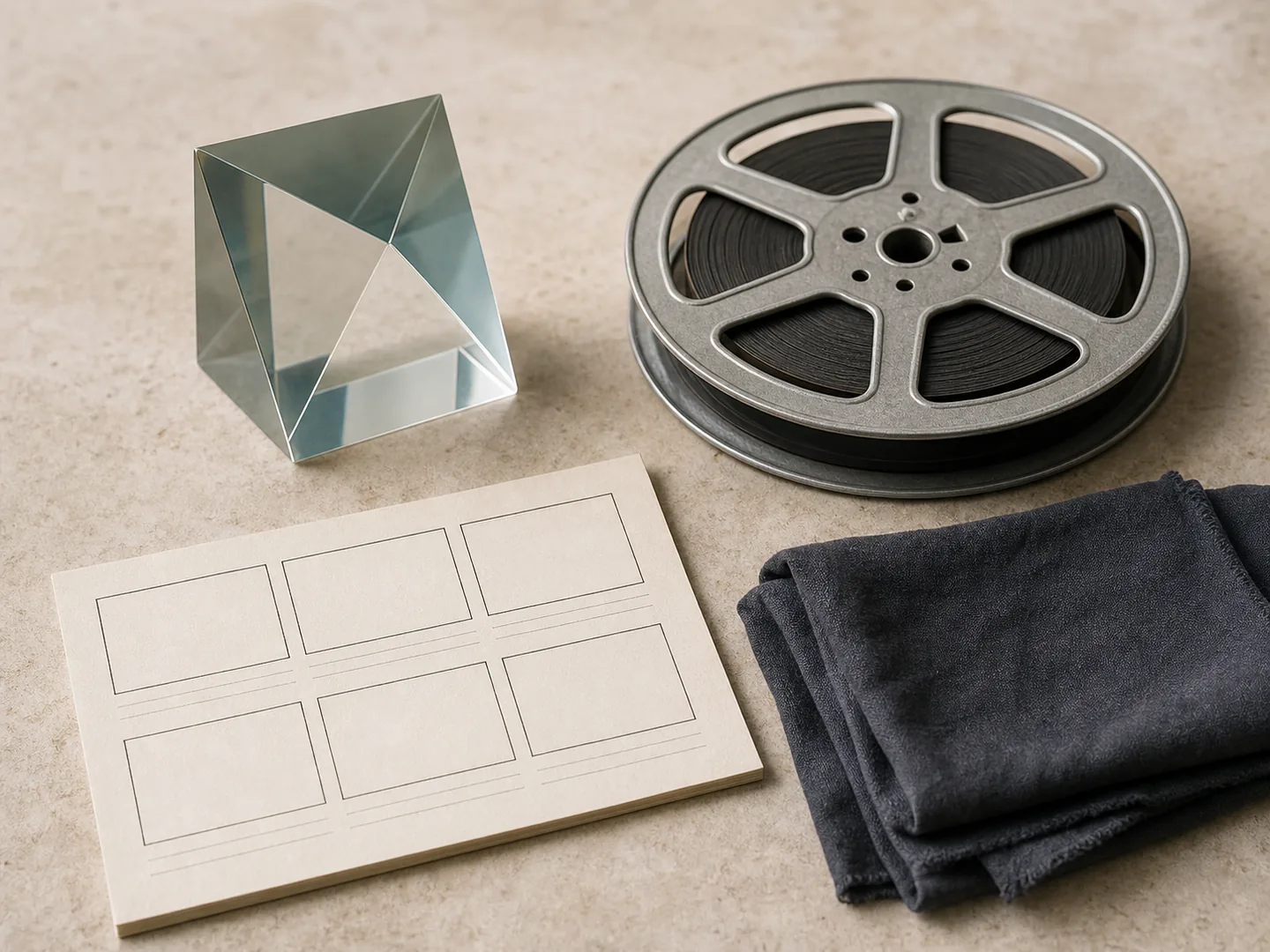 Prism, film reel, and blank storyboard represent transparent visual storytelling