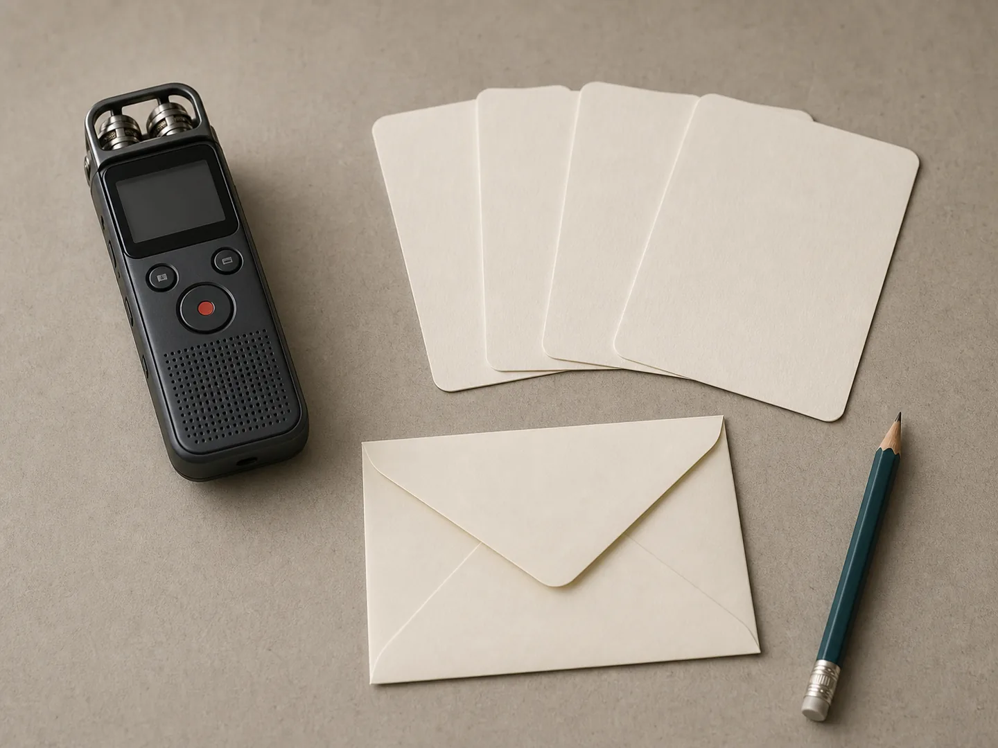Recorder, question cards, and sealed envelope represent a consent-based interview