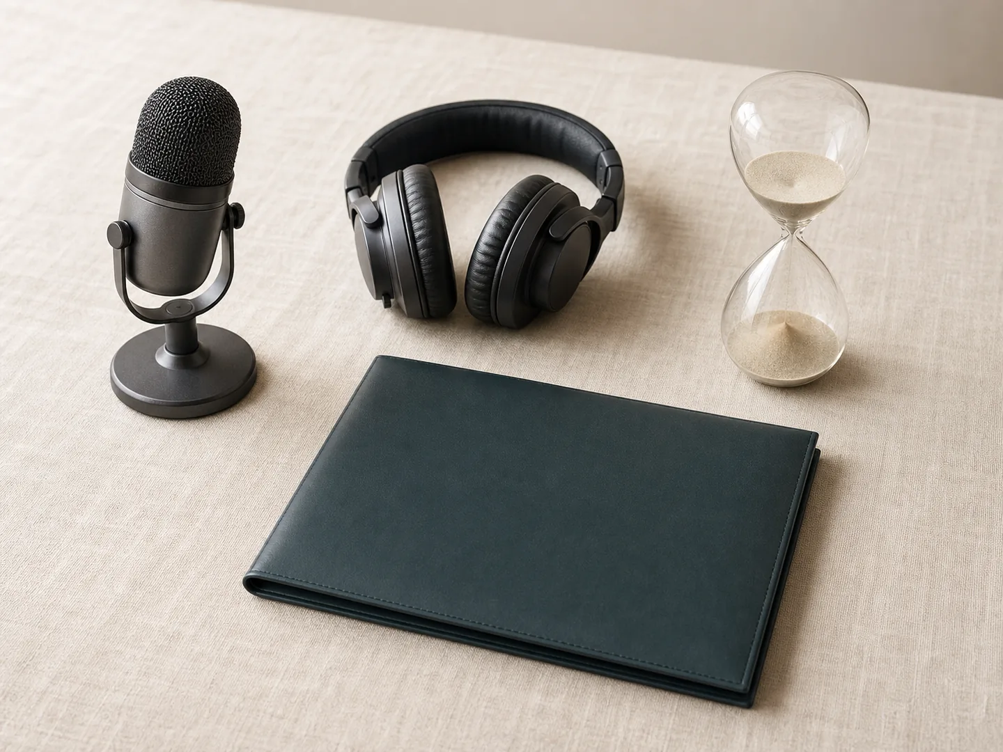 Microphone, headphones, and folder symbolize a calm conversation with preserved context