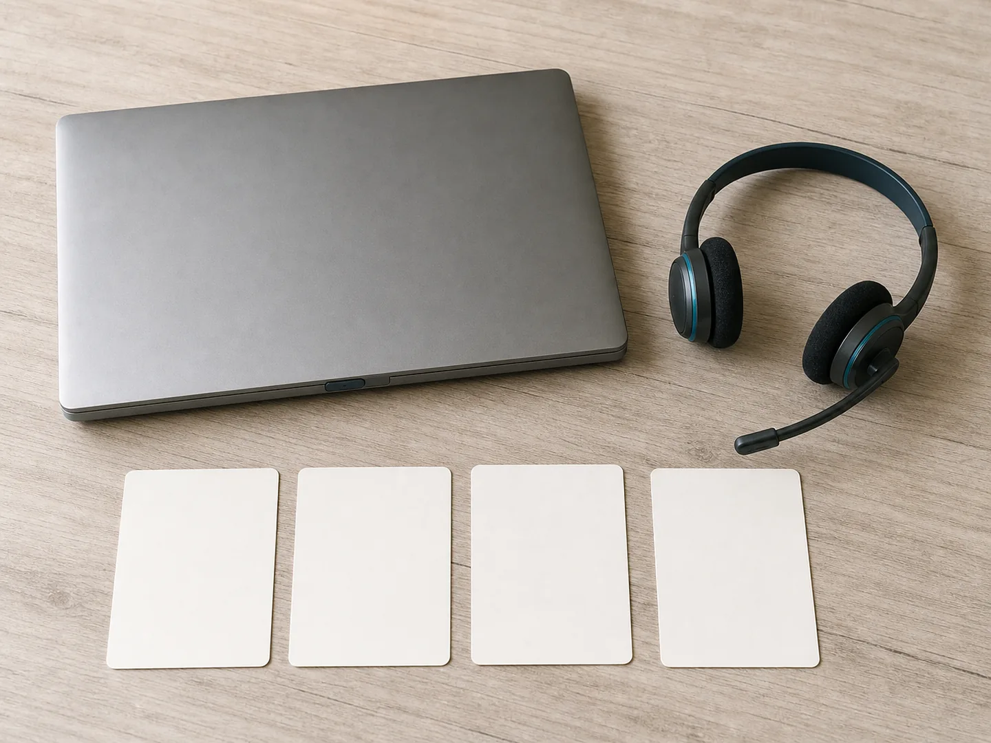 Closed laptop, headset, and cards represent a prepared and accessible webinar