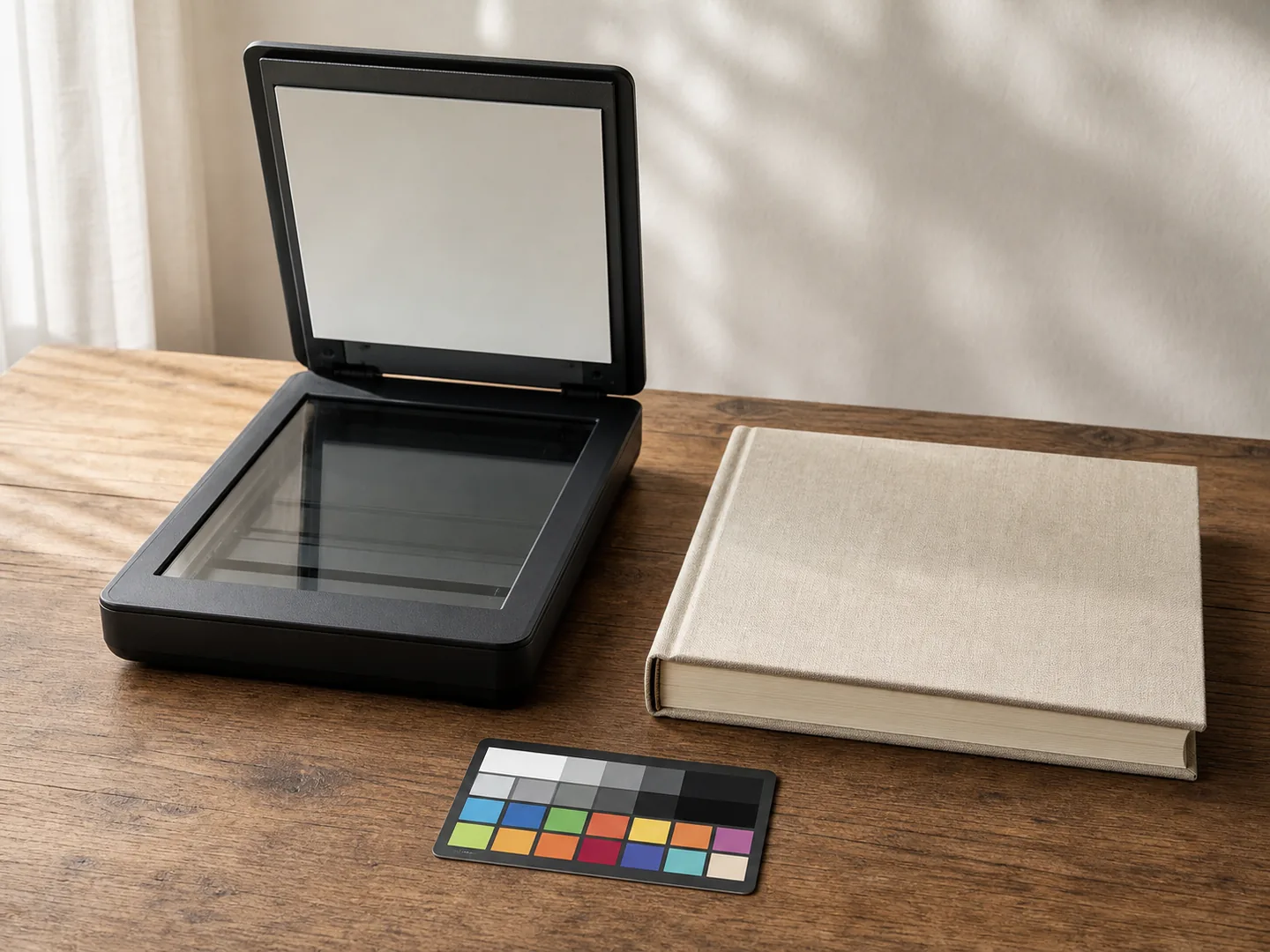 Unbranded scanner, closed photo album, and blank calibration card without text