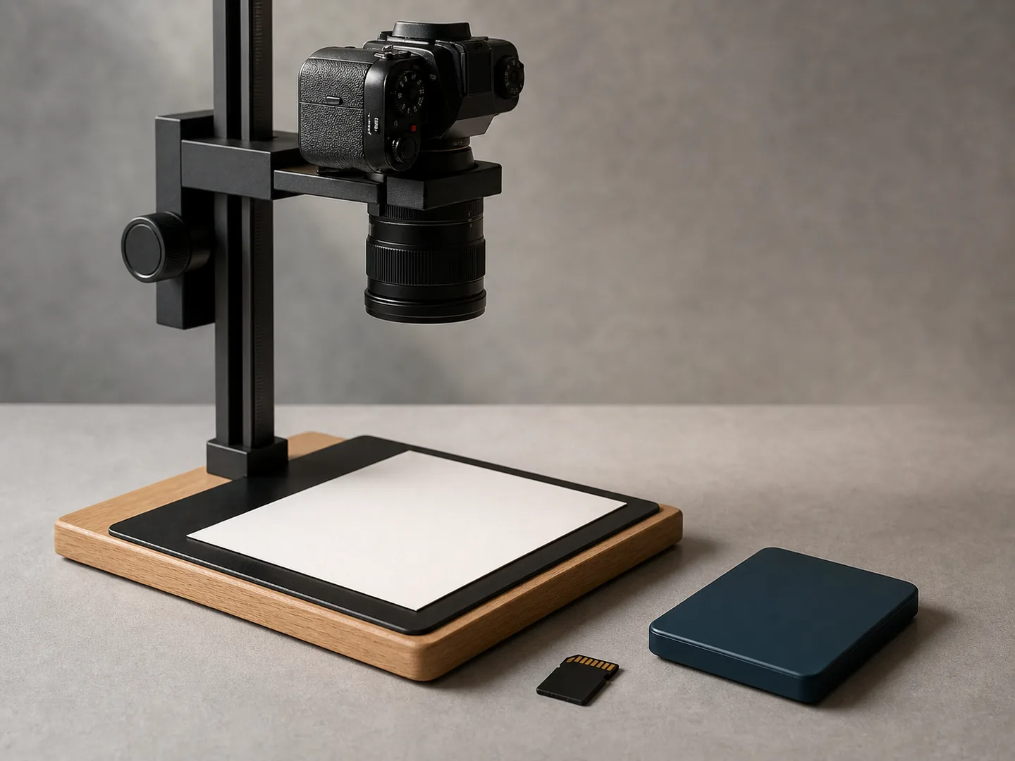 Camera on a copy stand, blank memory card, and neutral storage drive
