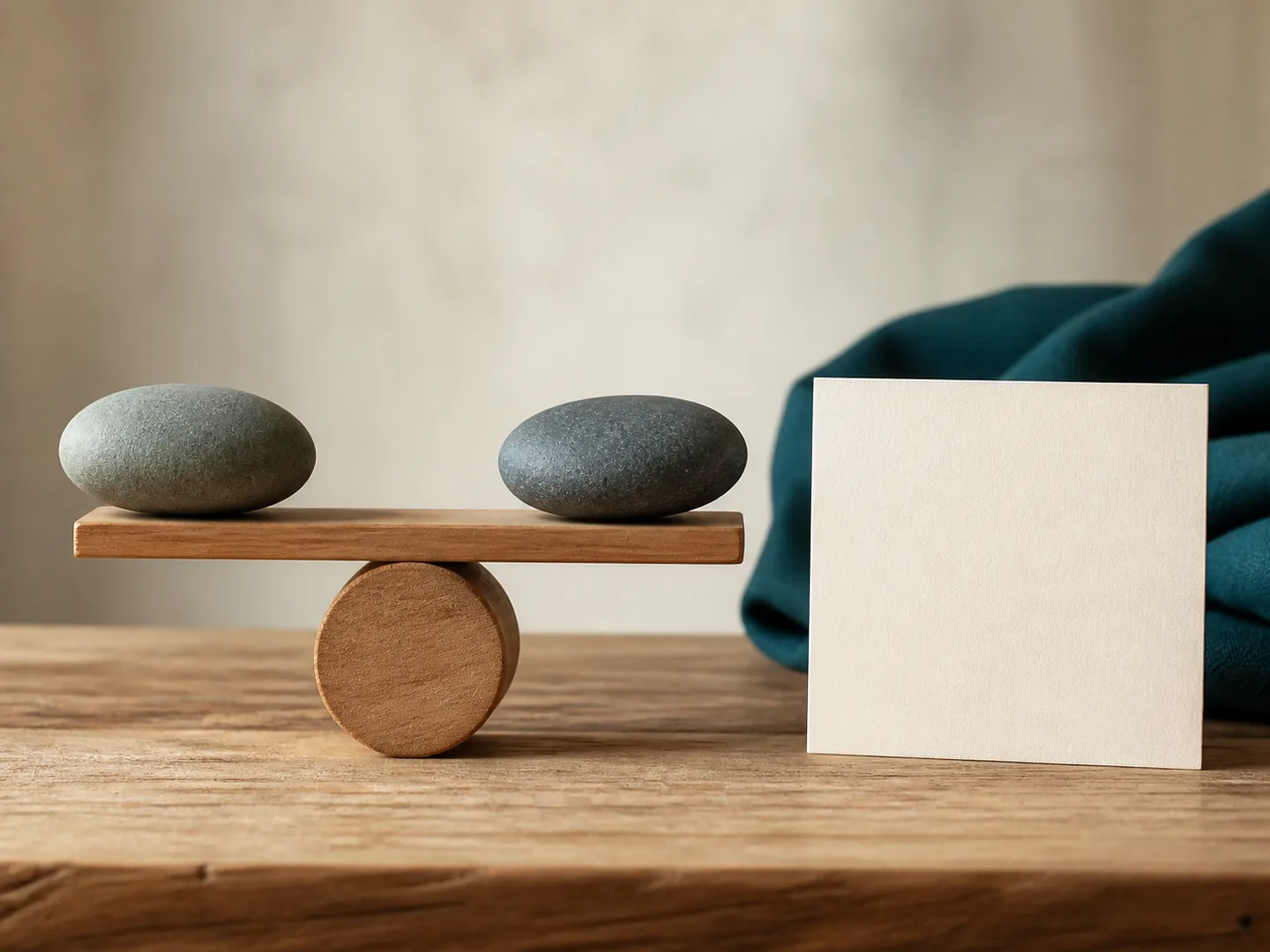 Two smooth stones balanced on a simple fulcrum beside a blank card