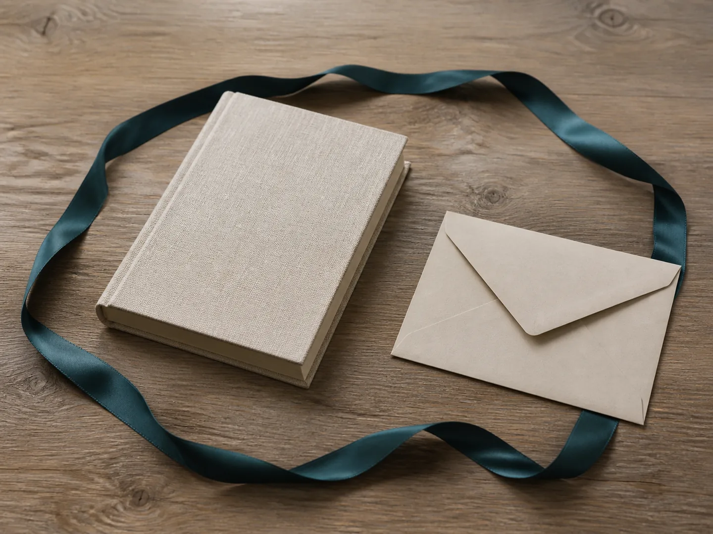 Closed notebook, soft ribbon boundary, and an empty envelope in neutral light