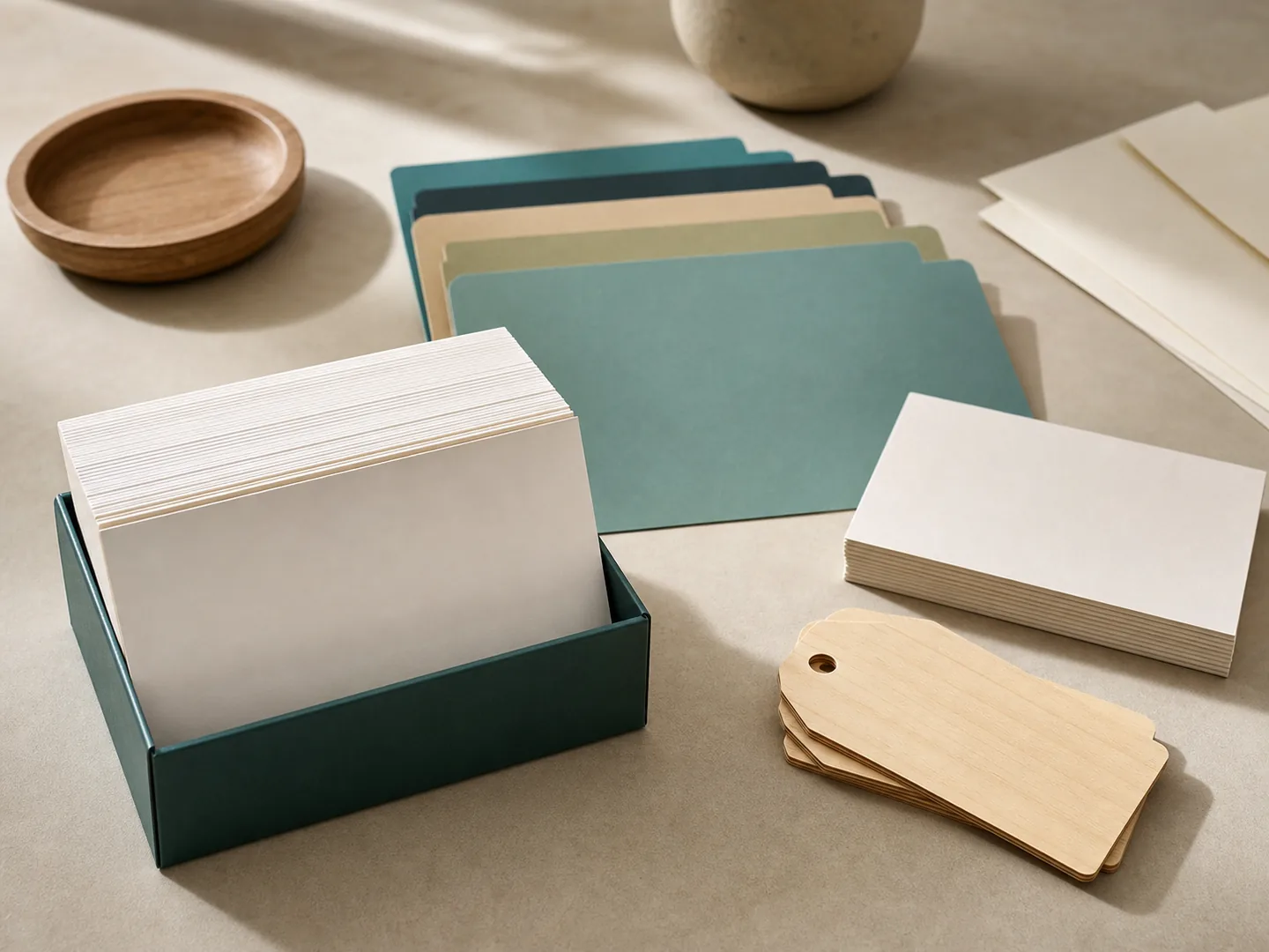 Blank catalog cards, colored dividers, and wooden tags without readable text