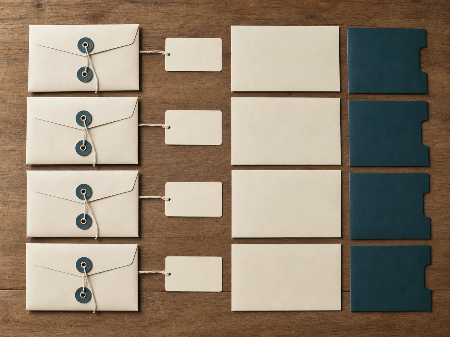 Archive envelopes linked by neutral thread to blank metadata cards