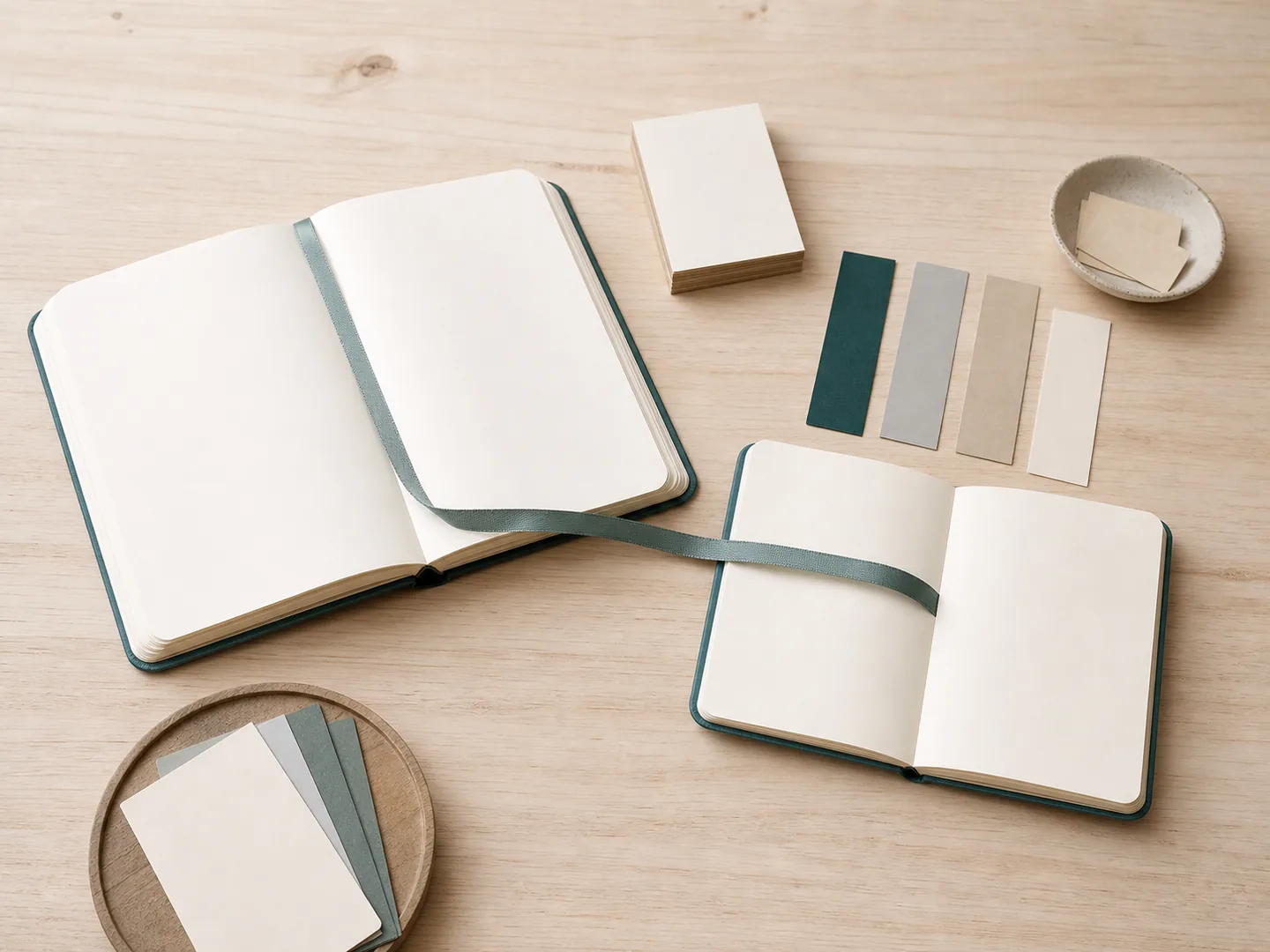 Two blank notebooks connected by ribbon beside neutral page markers
