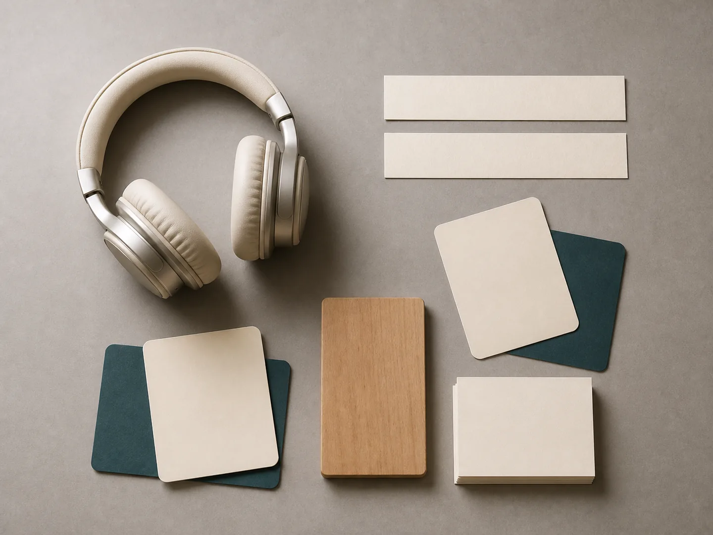 Headphones, two blank subtitle strips, and cards without readable symbols
