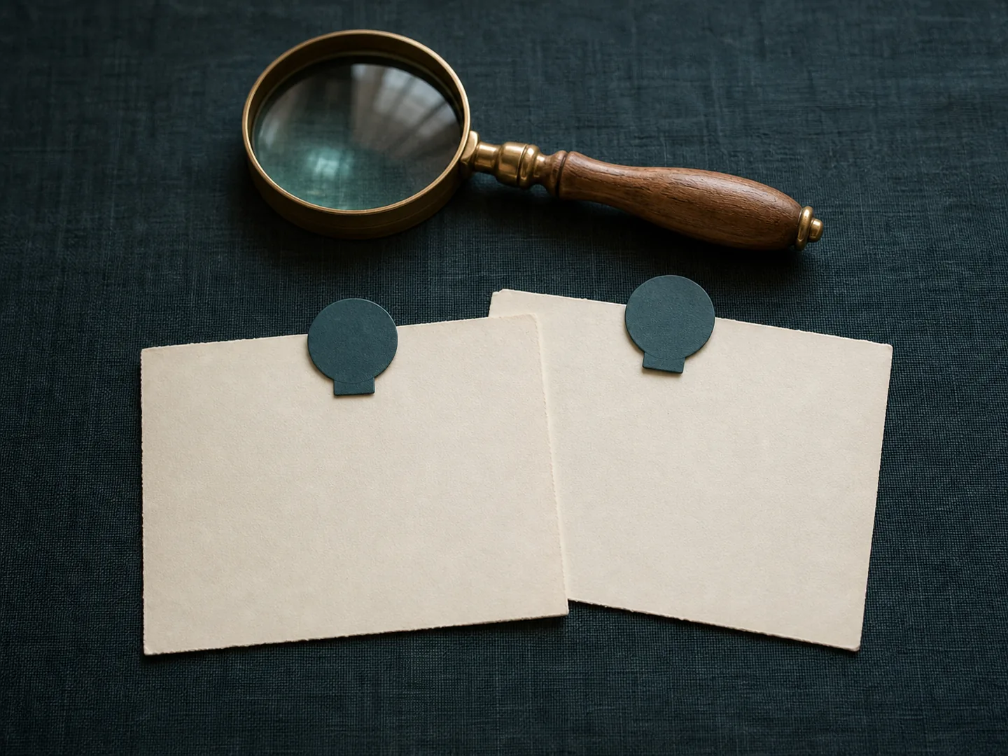 Magnifying glass above two blank source cards and neutral page markers