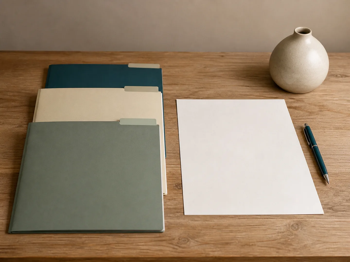 Three closed folders with colored tabs and a blank review sheet