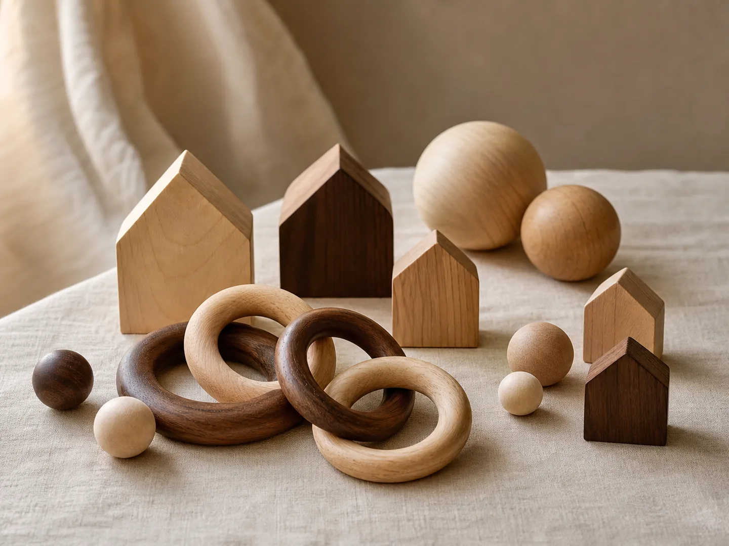 Interlocking wooden rings meet abstract house blocks and neutral spheres on linen.