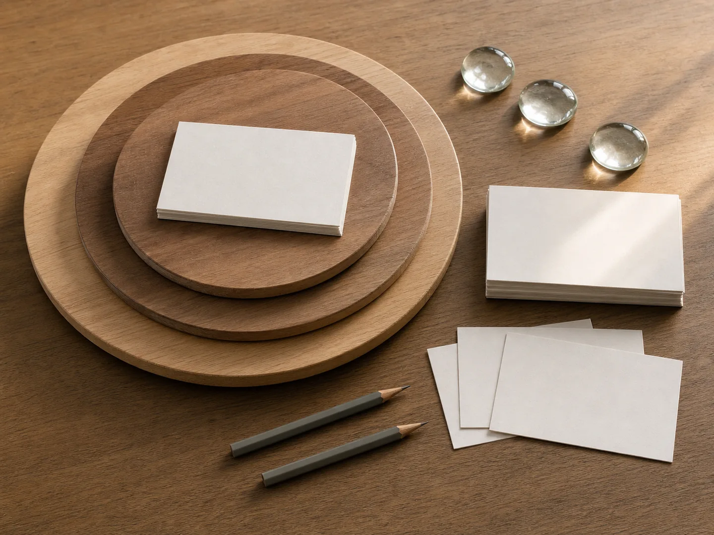 Concentric wooden circles sit among blank cards, pencils and smooth glass markers.