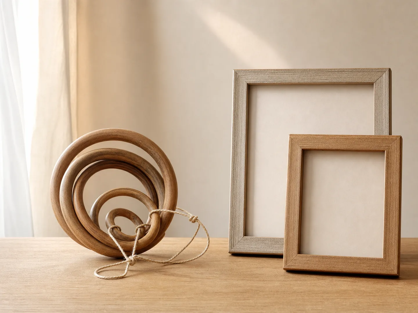Graduated nested wooden rings link by thread beside several empty frames.
