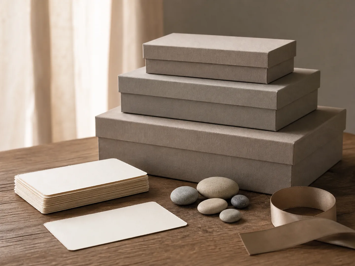 Three graduated archive boxes sit with blank cards, smooth stones and ribbon.