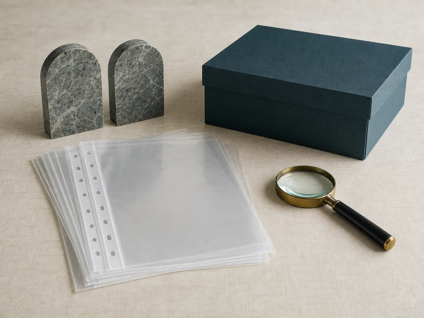 Document sleeves, bookends, and storage box symbolize an orderly verified collection