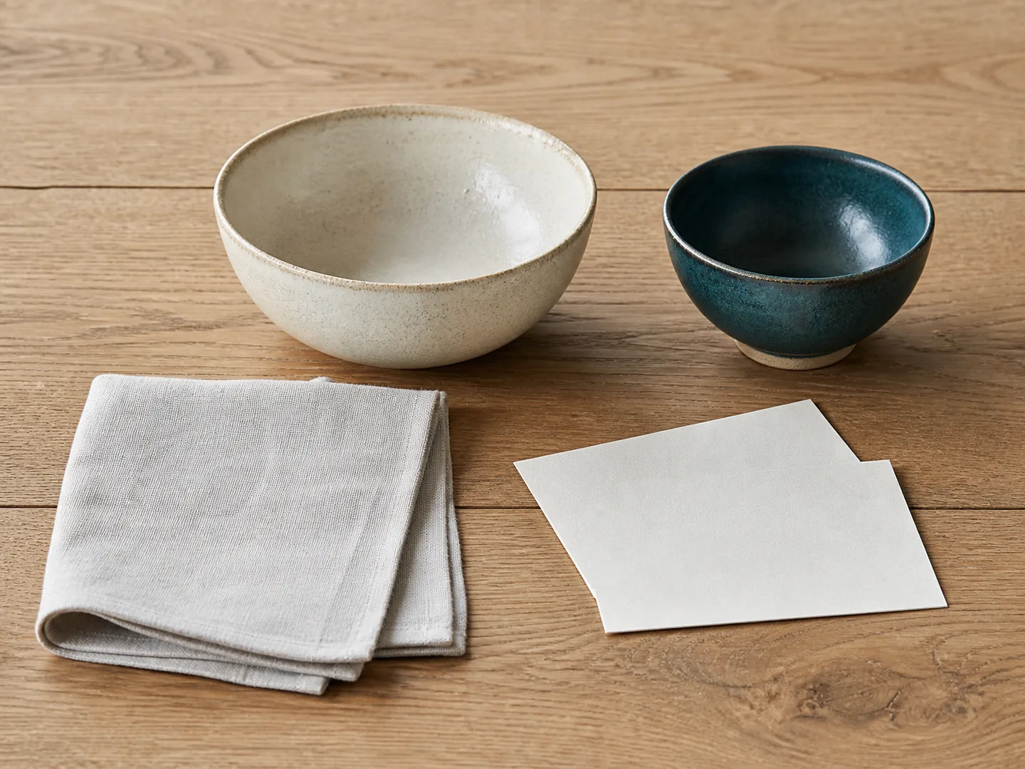 Two bowls, cloth, and cards symbolize attention to distance and context