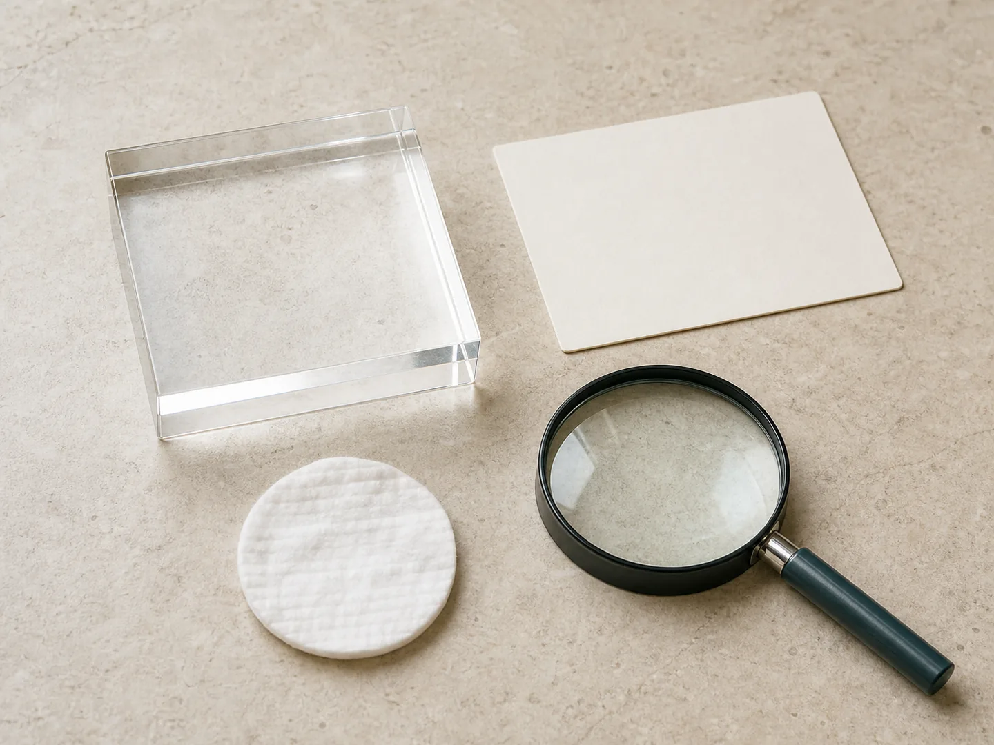Display block, card, and magnifier symbolize attentive museum study
